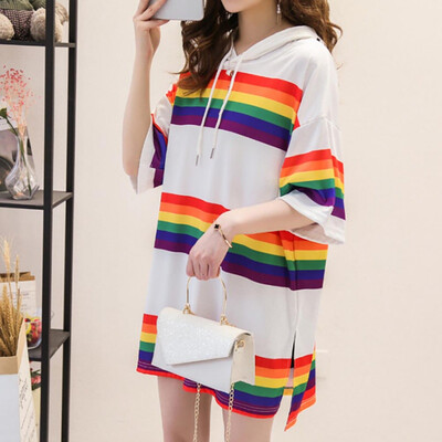 

Harajuku Stripe Plus Size Block Rainbow Hooded Pocket Tee Top Streetwear WomenMen Long T-Shirt Pullover T-Shirt Bomg
