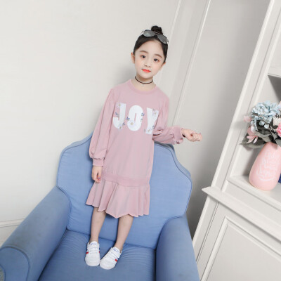 

Teen Kids Girls Long Sleeve Letter Embroider Knit Falbala Joint Princess Dress