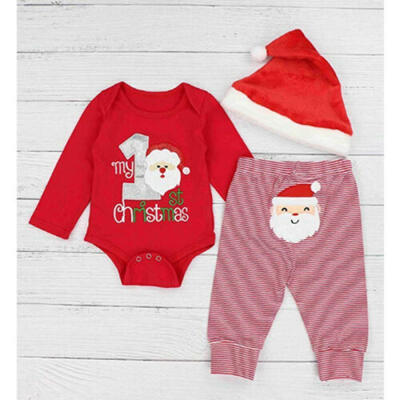 

US 3Pcs My 1st Christmas Baby Boys Girls Newborn RomperPants Hat Outfit Clothes