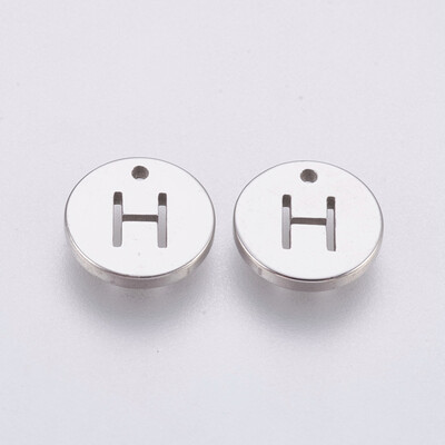 

304 Stainless Steel Charms Flat Round with Letter Stainless Steel Color LetterH 10x1mm Hole 1mm