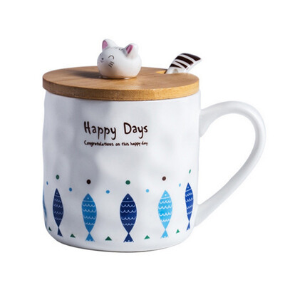 

Fashion Creative Cat&Fish Group Mark Ceramic Cup Cartoon with Spoon with Lid Breakfast Milk Water Mugs Drinkwar