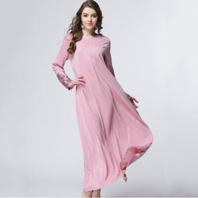 

〖Follure〗Women O-Neck Solid Long Sleeve Sequin Patchwork Sleeve Muslim Custom Long Dress