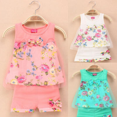 

Summer Baby Kids Girls Suit Printed Flower Bow Sleeveless Lace Vest Suit 1-5Y