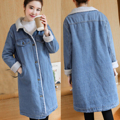 

Toponeto Fashion Women Jeans Top Denim Blouse Lapel Thick Long Sleeve Loose Coat