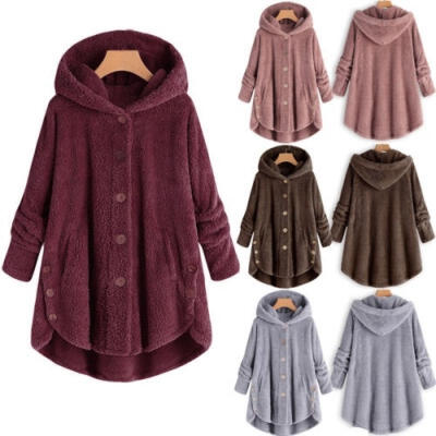 

Women Lady Winter Warm Casual Fluffy Hooded Long Sleeve Coat Jacket Overcoat Fleece Button Outwear