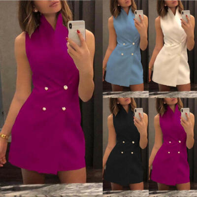 

Women Collar Blazer Double Short Bodycon Breasted Sleeveless Work Formal Dress