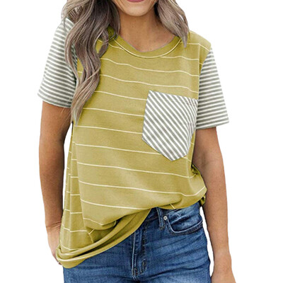 

Nomeni Womens Summer Striped Short Sleeve Blouse Casual T-Shirt Tops with Pocket