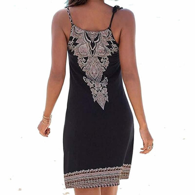 

2019 European&American summer halter hanging neck print sleeveless casual mini beachwear irregular dress Beige
