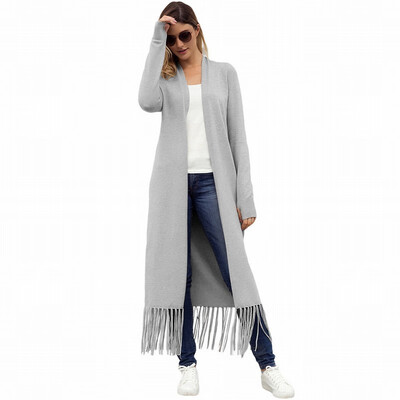 

Long sleeved cardigan sweater skirt fringed loose long knit sweater