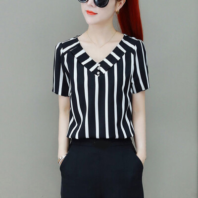 

Womens Casual Short Sleeve Tops Stripes Printed Plus Size V Neck Office Blouse