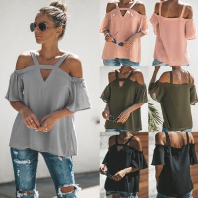 

Womens Cold Off Shoulder Tops T Shirt V Neck Short Sleeve Summer Top Blouse S-XL