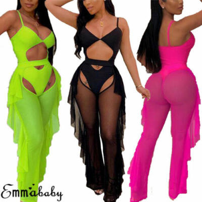 

2pcs Set Womens Sexy Beach Sheer Bikini Cover Up Swimwear Ruffle Pants Trousers