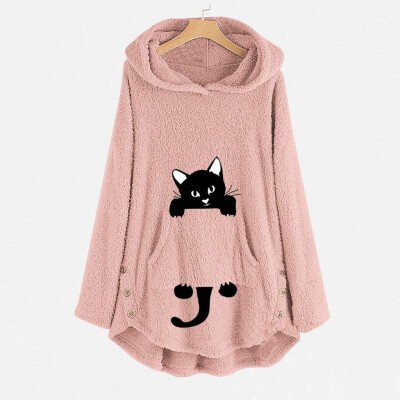 

Toponeto Womens Cat Embroidery Plus Size Warm Hoodie Top pullover Sweatshirt Blouse