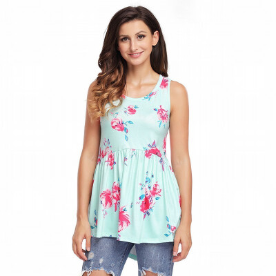 

Round neck sleeveless floral print short short long casual straight top