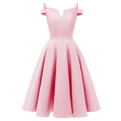 

Elegant Off Shoulder Party Dress Women Ladies Vintage Evening Short Sleeve A-Line Solid V-Neck Knee-Length Dress