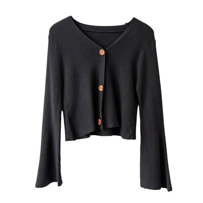 

Sweaters For Female Autumn Cardigan Trumpet Sleeve Knitted Solid Color Loose Sweaters Harajuku Sweet Women Jumpers