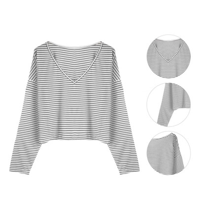 

Autumn Womens Deep V-Neck Pinstripe Tops Long-Sleeve T-Shirt Casual Loose Short Top Tees -XL