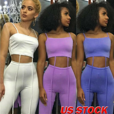 

US Women Crop Tops Blouse Pants Two-piece Playsuit Bodysuit Jumpsuit Romper Set