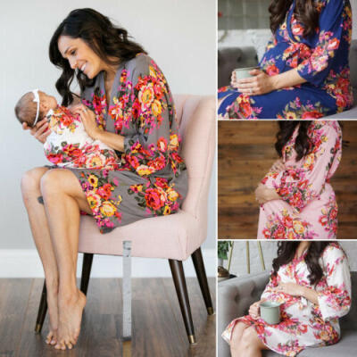 

Pregnant Women Ladies Floral Midi Dress V Neck Long Sleeve Maternity Robe Dress