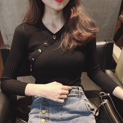 

Women Casual Long Sleeve Knitted Tops V-neck Slim Fit Shirt Winter Solid Sweater