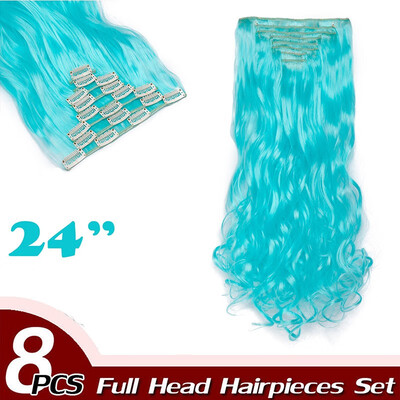 

17" Curly Hair Full Head Clip in Hair Extensions Synthetic 8 Piece 18 Clips Hairpiece Long Wave Trendy Design for Women