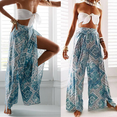 

Women Summer Casual Bow Tie Split Retro Print Loose Beach Long Pants Trousers