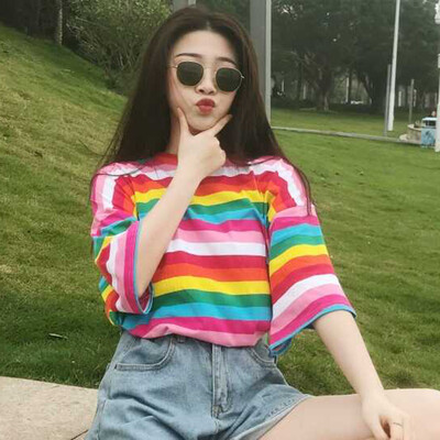 

Women Tees Rainbow Striped Print T Shirts Short Sleeves T-shirts Womens O-Neck Tees Tops