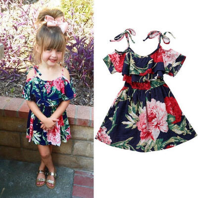 

Baby Girls Off-shoulder Skater Dress Kids Floral Summer Party Dresses 2-7 Year