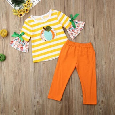 

New Toddler Baby Kids Girls Half Sleeve Pumpkin Striped TopLong Pant Halloween