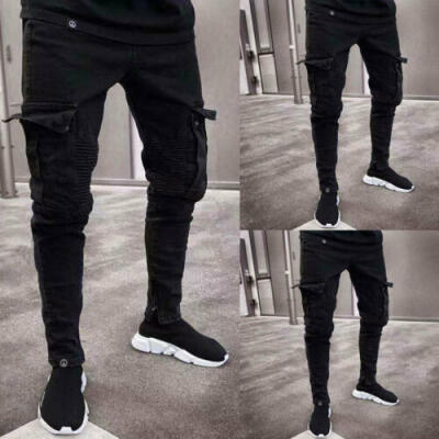 

US Men Denim Skinny Biker Jeans Destroyed Frayed Slim Fit Pocket Cargo Pants