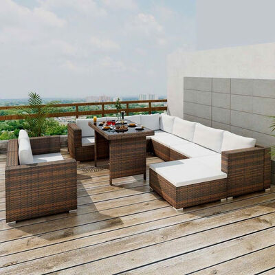 

10 Piece Garden Lounge Set with Cushions Poly Rattan Brown