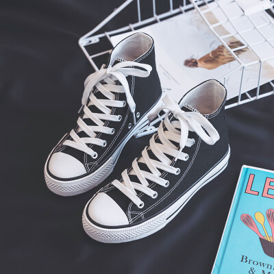 

2019 new flat-bottomed autumn high-heeled canvas shoes female Korean version of ulzzang summer student small whiteboard shoes