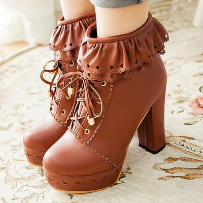 

Rose Womens Boots Lolita Sweet Round Toe Lace Up Platform High Heel Ankle Snow Boots