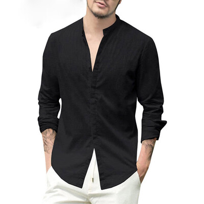 

Mens Linen V Neck Long Sleeve Basic Tee T-shirt Casual Tops Blouse -XL
