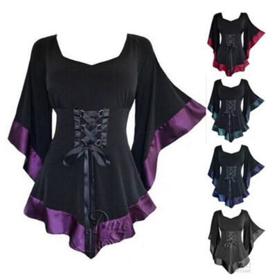 

US STOCK Womens Flared Loose Sleeve Lace-up Loose T-Shirt Goth Punk Tops Blouse
