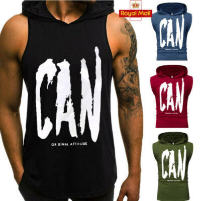 

Men CAN Vest Sleeveless Tank Top Hooded Training SLIM Gym Body Building Vest TOP