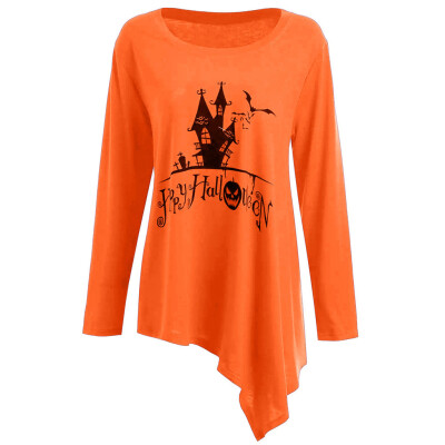 

Roseonmyhand Women Casual Plus Size Halloween Print O-Neck Long Sleeve Irregular Tops