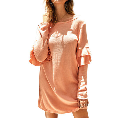 

Women Tops Long Sleeve Solid Color Round Collar Sexy Slim Shirts Mid length Casual Sweater Dress