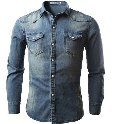 

Fashion Men Dark Wash Denim Jeans Shirt Jacket Long Sleeves Cotton Casual Top