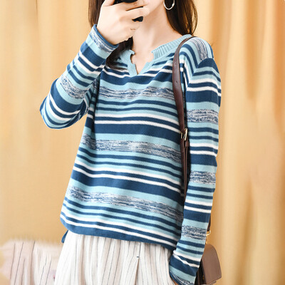 

Womens V-Neck Stripe Pullover Jumper Ladies Long Sleeve Loose Casual Sweater