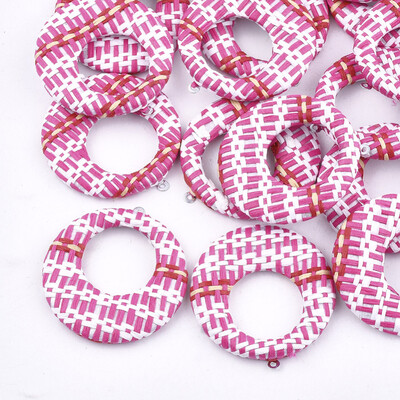 

Handmade Raffia Woven Pendants with Iron & Aluminum Findings Flat Round Platinum DeepPink 435x405x5mm Hole 12mm