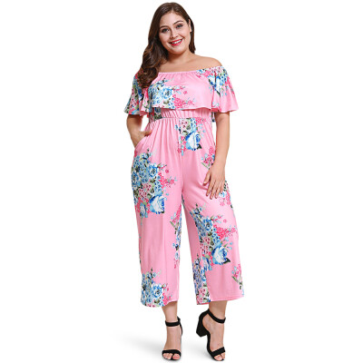 

Off The Shoulder Flounce Floral Print Pocket Plus Size Women Jumpsuit