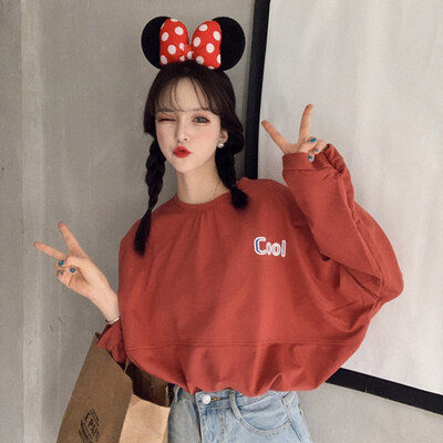 

EFINNY 2019 Autumn Women Sweatshirt Simple Long Sleeve Cute Letter Print Loose Round Collar Sweater Plus Size