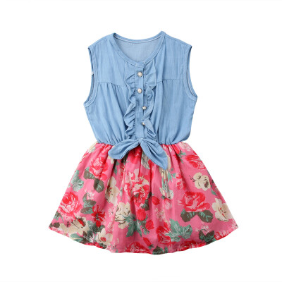 

Cute Kids Girl Dress Printed Cowboy Half Dresses Sleeveless Summer Bowknot