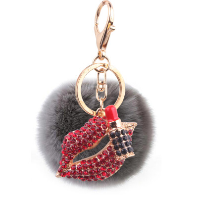 

8cm Rex Rabbit Fur Ball Red Lip Key Keychain New Plating Alloy Diamond Ball Bag Car Ornament