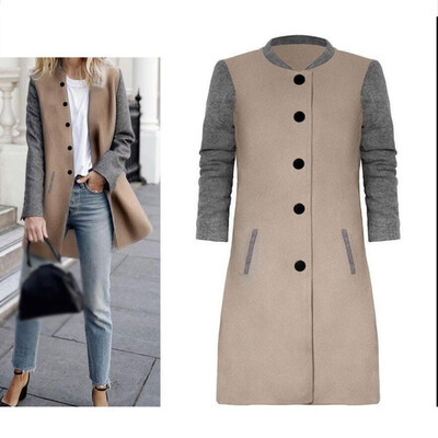 

New Autumn Winter Color Patchwork Woolen Coat Women Long Sleeve Fashion Streetwear Causal Jacket Blend Overcoat X