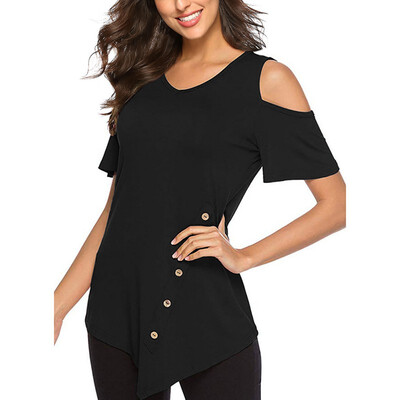 

Womens V Neck Short Sleeve Solid Cold Shoulder Irregular T-Shirt