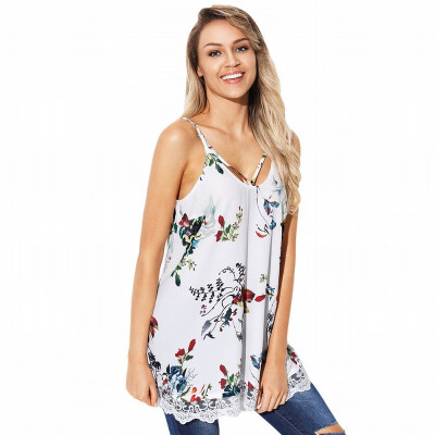 

V-neck sleeveless printed hem lace flower stitching casual loose top