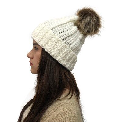 

Tailored Women Autumn Winter Outdoor Faux Fur Ball Hats Crochet Knit Holey Beanie Cap