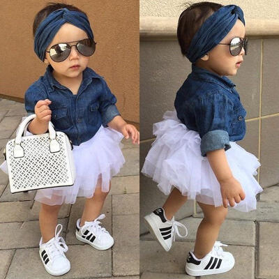 

Toddler Kids Baby Girls Denim Tops T shirtTutu Skirts Dress 3pcs Outfits Set